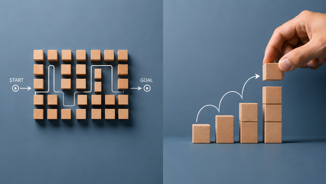 Conceptual image of problem solving versus strategic growth and progress