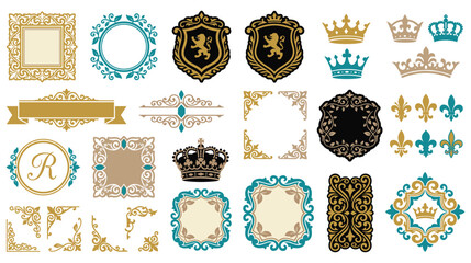 Luxury heraldic crests and golden frames set with royal lions and elegant floral patterns. © jubayer71