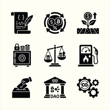 Decentralized finance blockchain crypto solid glyph UI web icon set vector