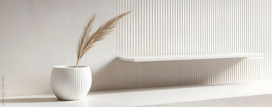 Front view of a white decorative vase with dried grass on a light shelf against a textured wall. Concept of minimalism focuses on simplicity and harmony.