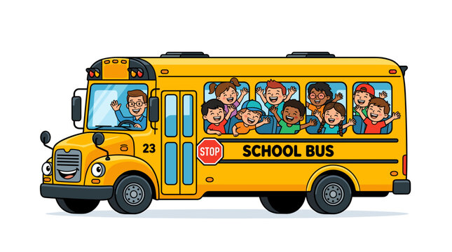 Happy cartoon school bus with diverse children waving from windows and a friendly driver