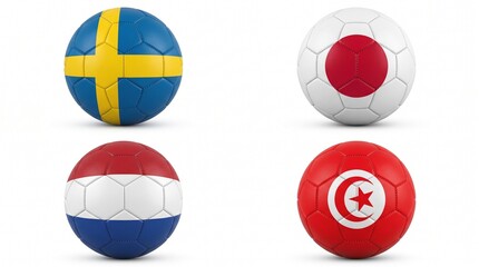 Naklejka premium Four soccer balls with flags of Sweden, Japan, Netherlands, and Tunisia on them
