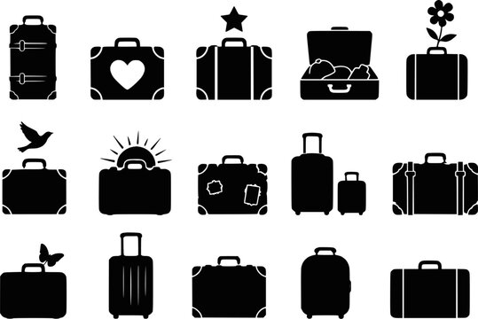 Travel suitcase luggage bag vintage silhouettes vector icon set isolated
