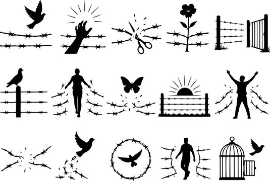 Freedom barbed wire liberation bird butterfly silhouettes vector icon set isolated