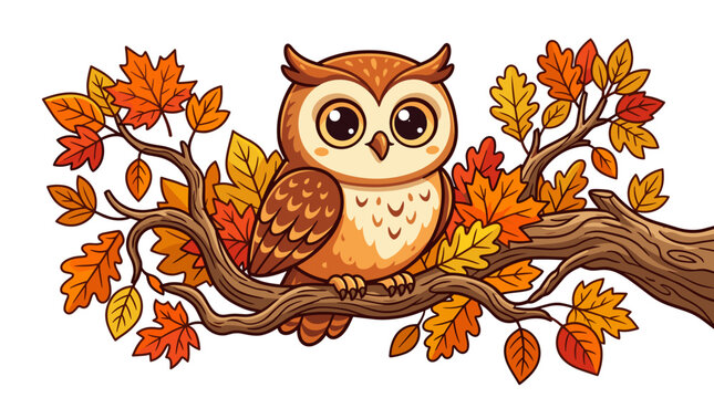 Cute cartoon owl perched on a branch with autumn leaves