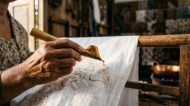 Detailed Shot of an Artist's Hand Practicing Traditional Batik Wax Drawing Technique on White Fabric