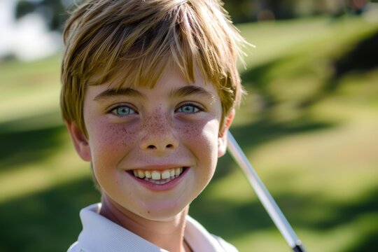 Happy caucasian boy at golfing training lesson, smiling at the camera on a sunny golf course, lush green fairways and practicing his swing with enthusiasm, enjoying the sport and learning experience