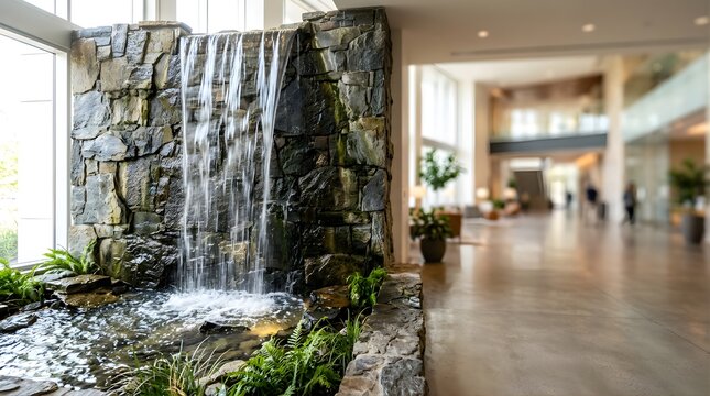 Indoor stone waterfall feature with flowing water in a modern office lobby