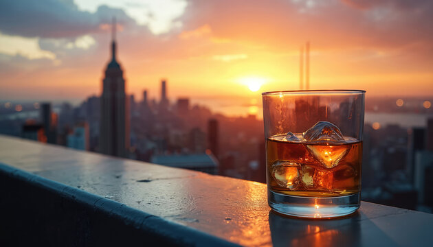 Glass of whiskey with ice on ledge. Sunset over city. Classic cityscape panorama. Warm light shines on beverage in glass on background. Relaxation on roof at cocktail bar. Golden hour cheers.
