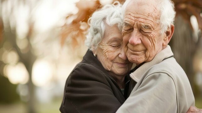 An elderly couple sharing a warm embrace, expressing deep love and affection, with a peaceful park setting in the background, representing the lasting connection of a long-term relationship