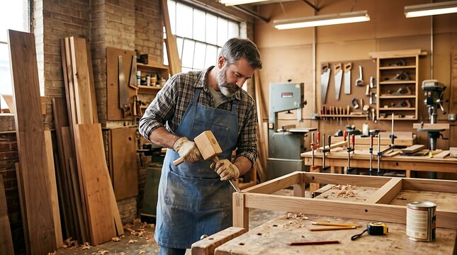 Carpenter working in workshop with wood and tools