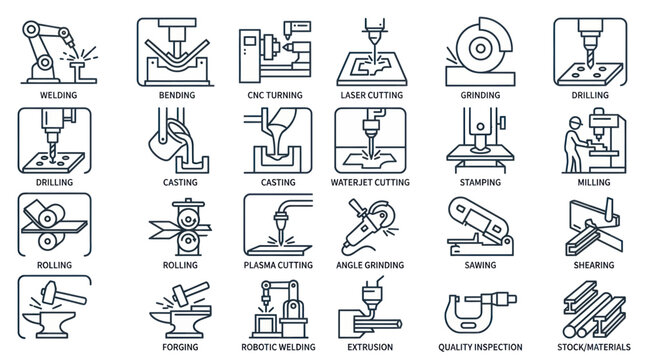 Industrial Manufacturing Processes Icons Set: Metalworking, Robotics, CNC Machines