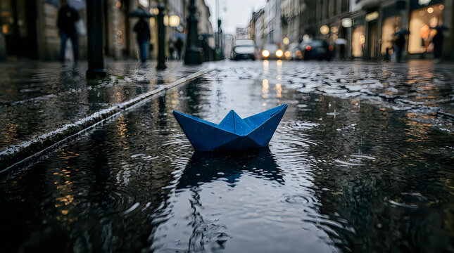 Blue paper boat floating in a rain puddle on a city street