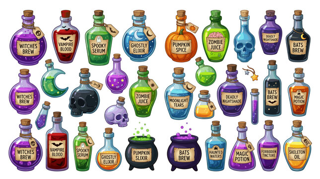 Halloween Potion Collection With Various Spooky Ingredients And Labels