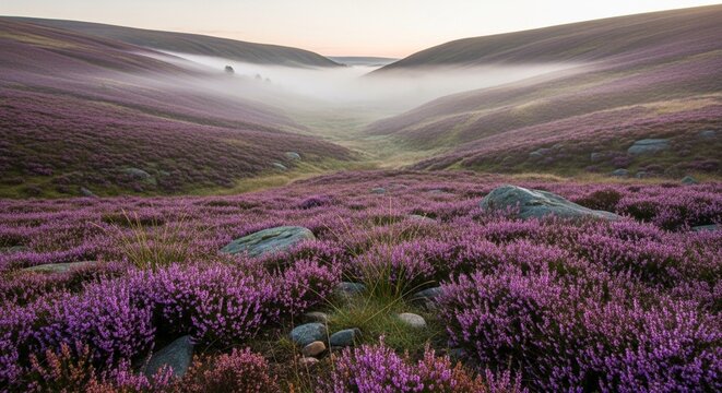Soft morning mist blanketing a rolling valley of purple heather at dawn