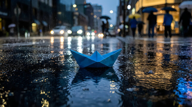 Blue paper boat floating in a street puddle on a rainy day