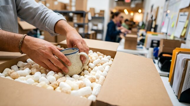 Person packing a ceramic mug into a cardboard box with foam peanuts in a warehouse