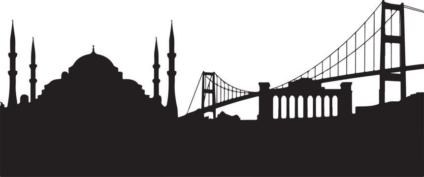 Black silhouette of historical mosque and modern bridge urban skyline view.
