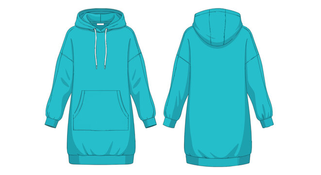 Oversized Cyan Hoodie Dress Technical Flat Sketch Template for Apparel Design Front and Back Views Illustration