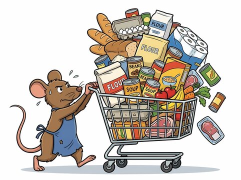 Cartoon mouse pushing a heavily loaded shopping cart full of groceries.