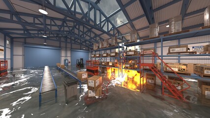 Naklejka premium 浸水した倉庫 3DCGレンダリング