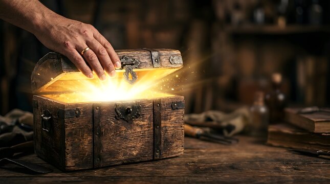 A person opens a vintage wooden treasure chest glowing with golden light
