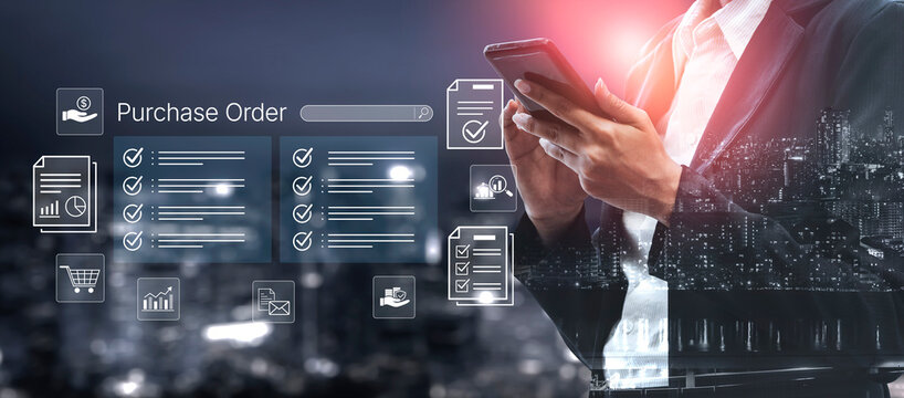 Business Person Managing Purchase Order on Smartphone with Digital Interface and City Skyline in the Background at Night. Bitwise.