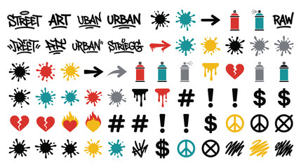 Graffiti street art elements with urban typography paint splatters spray cans and symbols. © jubayer71