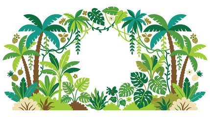 Obraz premium Tropical jungle frame with lush green palm trees exotic leaves and floral botanical plants.