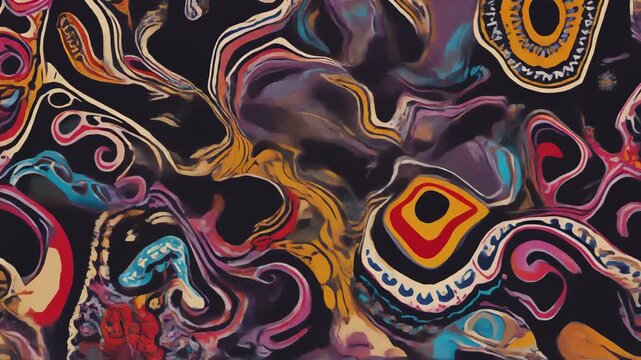 Vibrant colorful swirling patterns create art flowing through a dark space