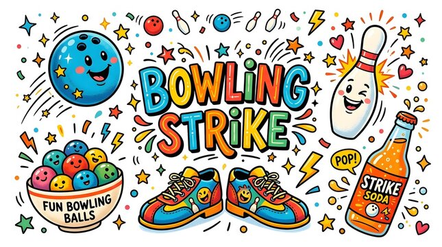 Colorful Doodle Illustration Featuring Vibrant Bowling Equipment and Fun Playful Game Elements
