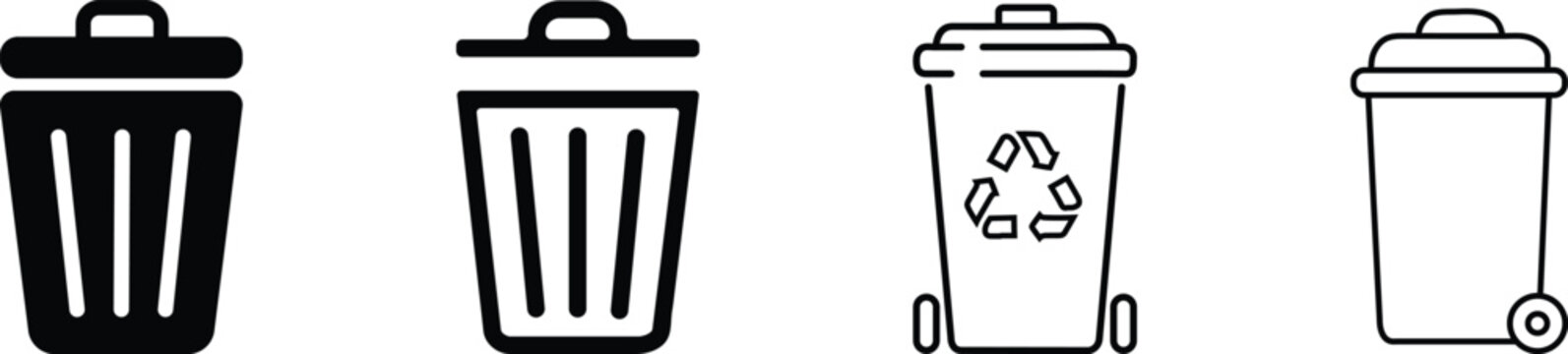 Set of four trash can icons isolated on transparent background for web user interface.