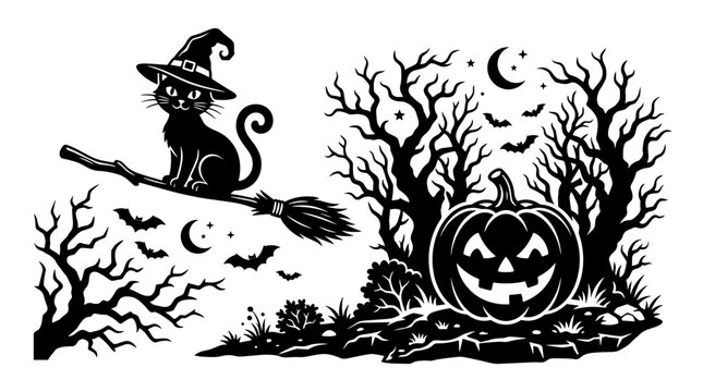 Black cat on broomstick with jack o lantern and bats for Halloween