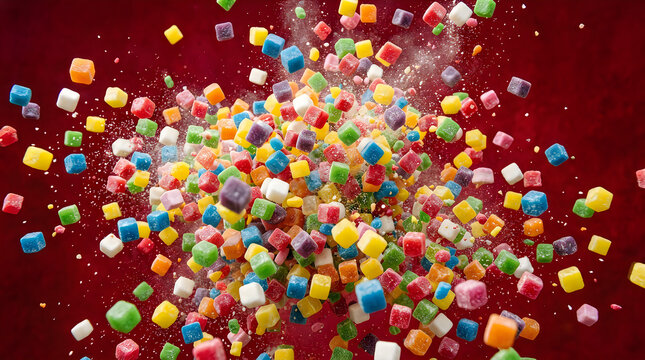 Colorful small square blocks exploding on dark red background