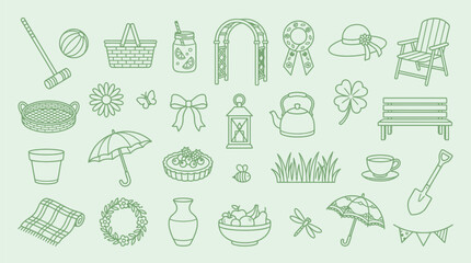 Fototapeta premium Collection of garden and outdoor leisure icons in a simple line art style.
