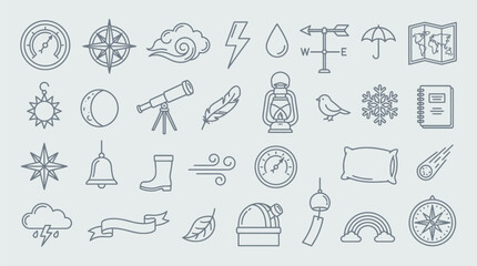 Fototapeta premium Collection of weather and nature related icons, including sun, clouds, rain, snow, wind, and astronomical tools.