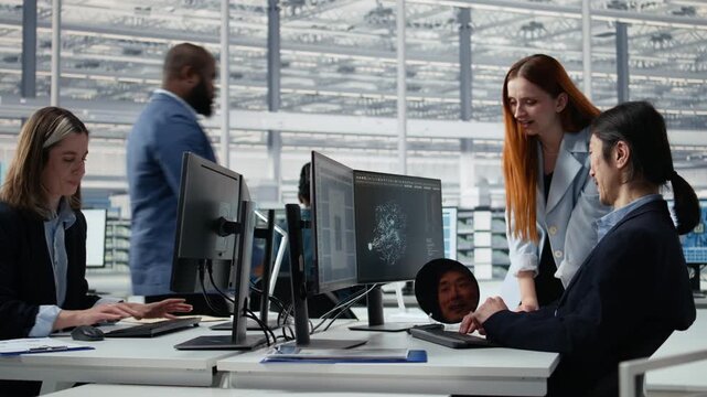 Reviewing microchip production, neural network and R&D factory professionals using AI assistant.