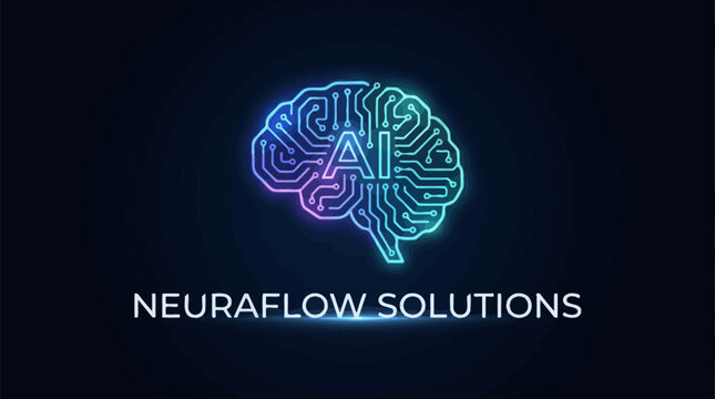 Neon brain logo with AI technology.