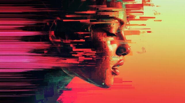 Digital portrait of a person with vibrant, blurred lines and glitch effects