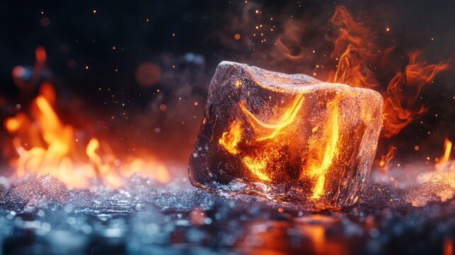 Frozen flame, ice cube ablaze.  A cube of ice, seemingly defying nature, is engulfed in a fiery inferno.  Steam and sparks emerge