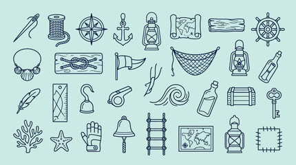 Collection of nautical and pirate-themed icons and symbols, perfect for maritime adventures and seafaring themes. © KN collection