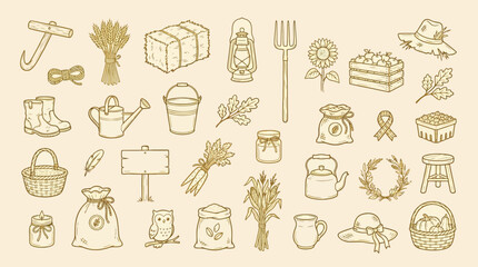 Collection of hand-drawn farm and harvest icons, including tools, crops, and rural elements, on a beige background. © KN collection