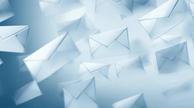 Multiple translucent envelopes float in a soft blue digital space, symbolizing modern communication and email technology. Abstract background evokes connectivity and fast information exchange