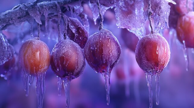 Frozen plums covered in ice