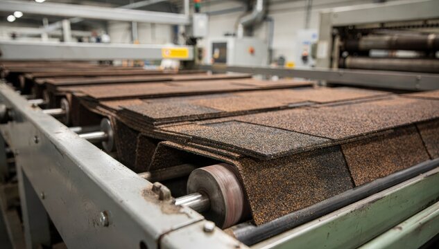 Midrange shot capturing starter strip shingles being formed and finished on the conveyor emphasizing the foundational layer essential for secure and weatherresistant roof