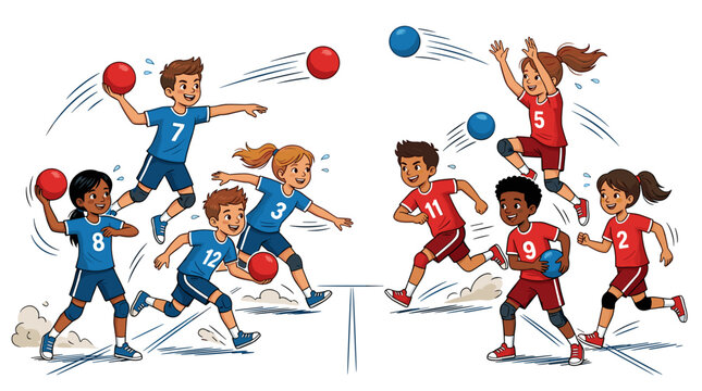 Children playing dodgeball game on a court with red and blue balls