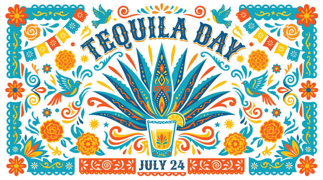 Tequila Day July 24 Festive Illustration with Agave Plant Mexican Folk Art