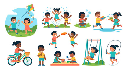 Fototapeta premium Summer Kids Playing and Fun Activities Vector Asset Sheet with Children Flying Kite, Playing Frisbee and Water Gun Fight in Clean Flat Design for Joyful Childhood Concepts