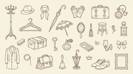 Obraz premium Collection of vintage and antique items, including clothing, accessories, and household objects, hand-drawn in a retro style.