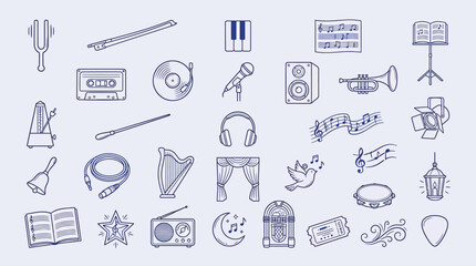 Collection of hand-drawn musical instruments and symbols, representing a variety of music and performance elements. © KN collection